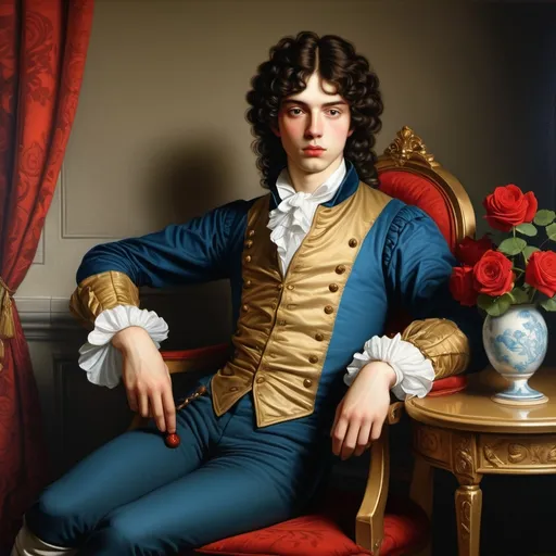 Prompt: beautiful androgynous young man Rococo-gold, gros seins, very Long brown hair, slightly feminine body, skinny, smooth skin, narrow shoulders, wearing a skirt, (high detailed) in the chair of red roses with seins of figs fruit by Jean-Léon Gérôme, from 2011 film "The three musketeers", Insanely detailed full body portrait photography of a majestic beautiful fierce, WLOP, dynamic lighting, hyperdetailed, Intricately Detailed, Photorealism, Filmic, deep color, #film, 8K resolution ethereal fantasy hyperdetailed mist Thomas Kinkade