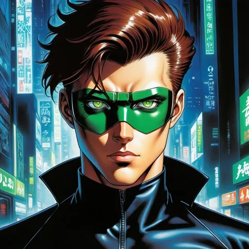 Prompt: A masculine european superhero. very short bright brown slicked back pompadour undercut hair with shaved sides and light chestnut highlights, round face, broad cheeks, green glowing eyes, wearing a black retro futuristic spandex uniform and a black superhero domino eye mask covering the eyes. Ghost in the shell art. Masamune Shirow art. anime art. Leiji Matsumoto art. Akira art. Otomo art. 2d. 2d art.