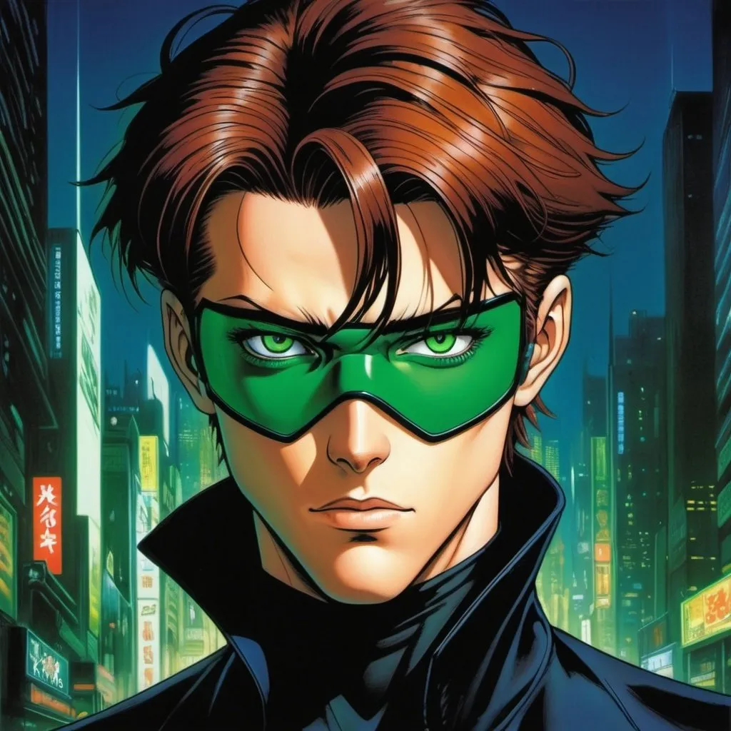 Prompt: A masculine european superhero. very short bright brown slicked back pompadour undercut hair with shaved sides and light chestnut highlights, round face, broad cheeks, green glowing eyes, wearing a black retro futuristic spandex uniform and a black superhero domino eye mask covering the eyes. Ghost in the shell art. Masamune Shirow art. anime art. Leiji Matsumoto art. Akira art. Otomo art. 2d. 2d art.