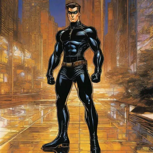 Prompt: A full body depiction of a masculine european superhero. very short bright brown slicked back pompadour undercut hair with shaved sides and light chestnut highlights, round face, broad cheeks, glowing eyes, wearing a black retro futuristic spandex uniform and a black superhero robin eye mask covering the eyes. Ghost in the shell art. Masamune Shirow art. anime art. Leiji Matsumoto art. Akira art. Otomo art. 2d. 2d art.