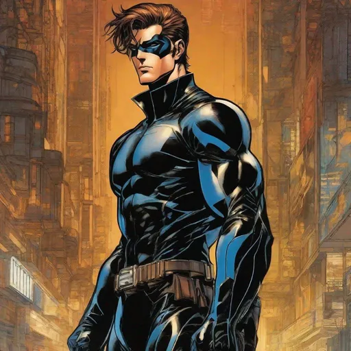 Prompt: A full body depiction of a masculine european superhero. very short bright brown slicked back pompadour undercut hair with shaved sides and light chestnut highlights, round face, broad cheeks, glowing eyes, wearing a black retro futuristic spandex uniform and a black superhero nightwing eye mask covering the eyes. Ghost in the shell art. Masamune Shirow art. anime art. Leiji Matsumoto art. Akira art. Otomo art. 2d. 2d art.