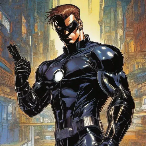 Prompt: A masculine scifi european superhero. very short bright brown slicked back pompadour undercut hair with shaved sides and light chestnut highlights, round face, broad cheeks, glowing eyes, wearing a black retro futuristic spandex uniform and a black superhero domino mask covering eyes, shooting enery beams out of his fists. Ghost in the shell art. Masamune Shirow art. anime art. Leiji Matsumoto art. Akira art. Otomo art. 2d. 2d art.