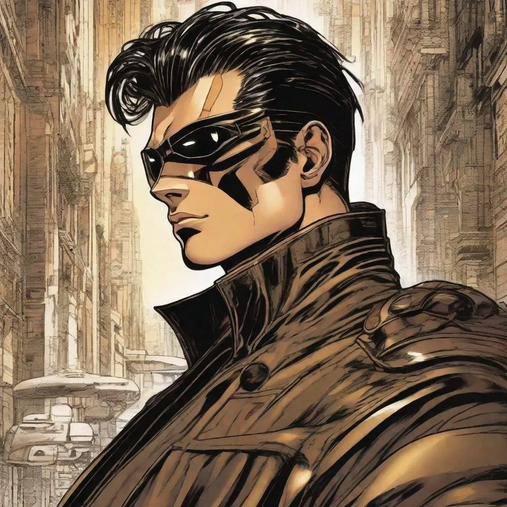 Prompt: A masculine european superhero. very short bright brown slicked back pompadour undercut hair with shaved sides and light chestnut highlights, round face, broad cheeks, glowing eyes, wearing a black retro futuristic spandex uniform and a black superhero eye mask covering. Ghost in the shell art. Masamune Shirow art. anime art. Leiji Matsumoto art. Akira art. Otomo art. 2d. 2d art.