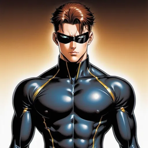 Prompt: A masculine european superhero. very short bright brown slicked back pompadour undercut hair with shaved sides and light chestnut highlights, round face, broad cheeks, glowing eyes, wearing a black retro futuristic spandex uniform and a black superhero eye mask covering. Ghost in the shell art. Masamune Shirow art. anime art. Leiji Matsumoto art. Akira art. Otomo art. 2d. 2d art.