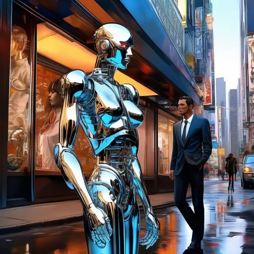 Prompt: a man gives a longing look to a beautiful female robot walking past him in the style of hajime sorayama