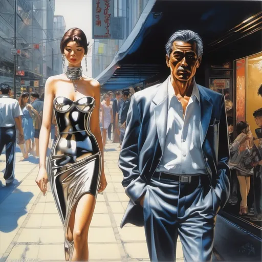 Prompt: a man gives a longing look to a beautiful woman walking past him in the style of hajime sorayama