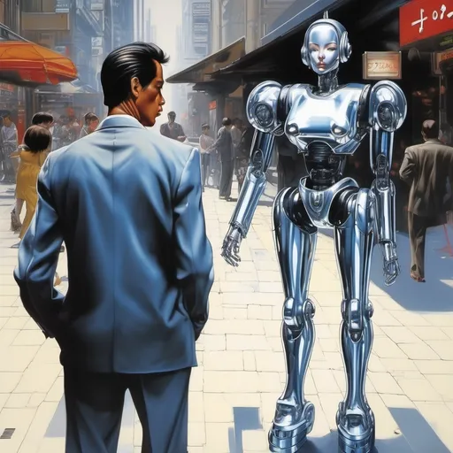 Prompt: a man gives a longing look to a beautiful female robot walking past him in the style of hajime sorayama