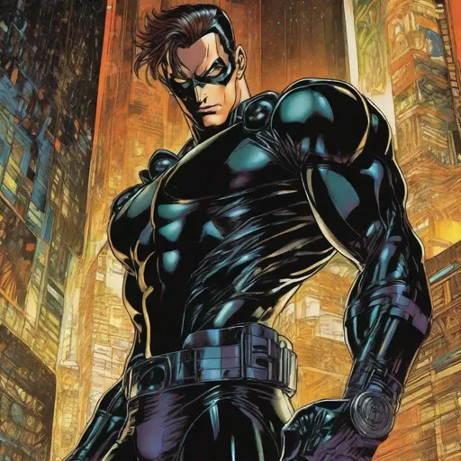 Prompt: A masculine scifi european superhero. very short bright brown slicked back pompadour undercut hair with shaved sides and light chestnut highlights, round face, broad cheeks, glowing eyes, wearing a black retro futuristic spandex uniform and a black superhero domino mask covering eyes, shooting enery beams out of his fists. Ghost in the shell art. Masamune Shirow art. anime art. Leiji Matsumoto art. Akira art. Otomo art. 2d. 2d art.
