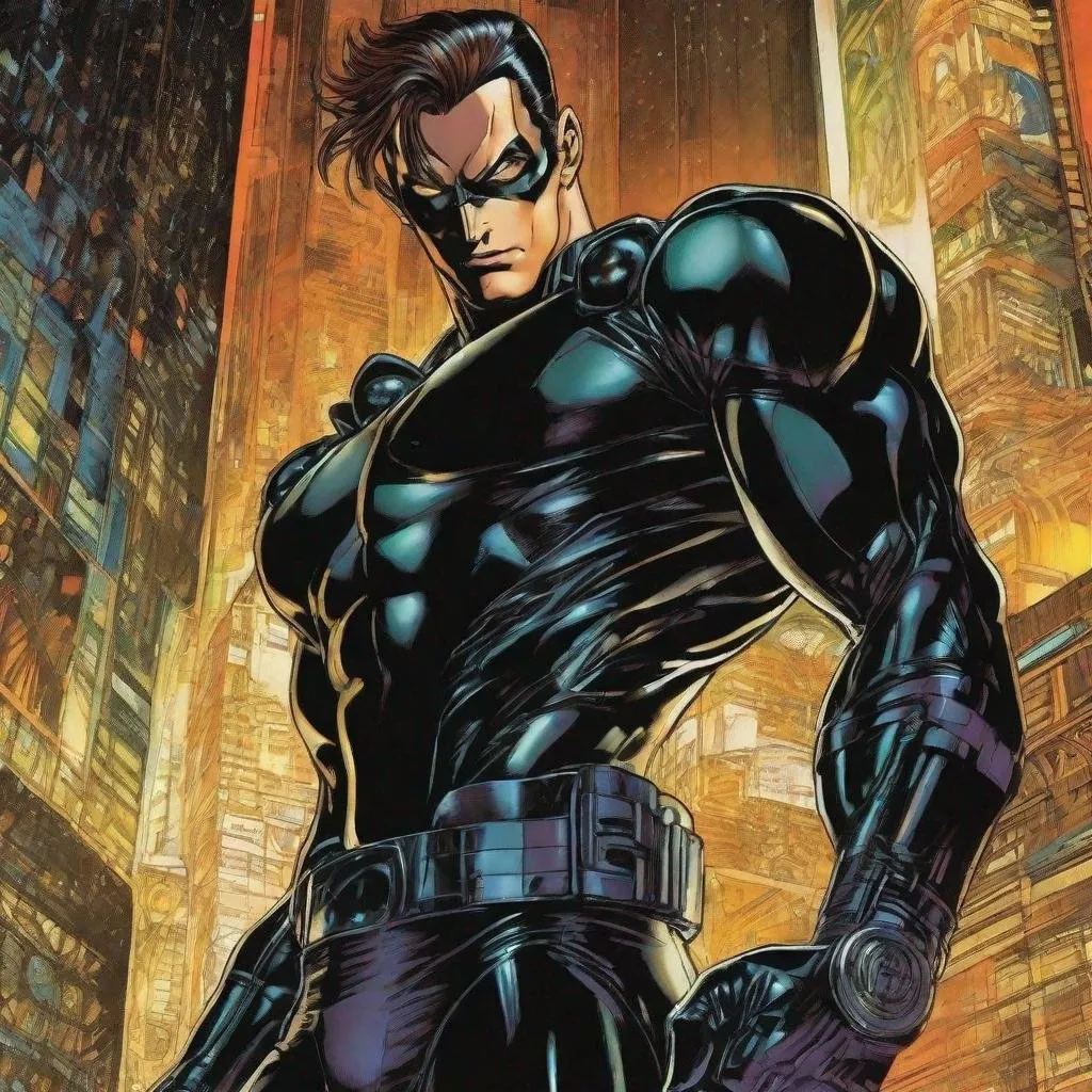 Prompt: A masculine scifi european superhero. very short bright brown slicked back pompadour undercut hair with shaved sides and light chestnut highlights, round face, broad cheeks, glowing eyes, wearing a black retro futuristic spandex uniform and a black superhero domino mask covering eyes, shooting enery beams out of his fists. Ghost in the shell art. Masamune Shirow art. anime art. Leiji Matsumoto art. Akira art. Otomo art. 2d. 2d art.