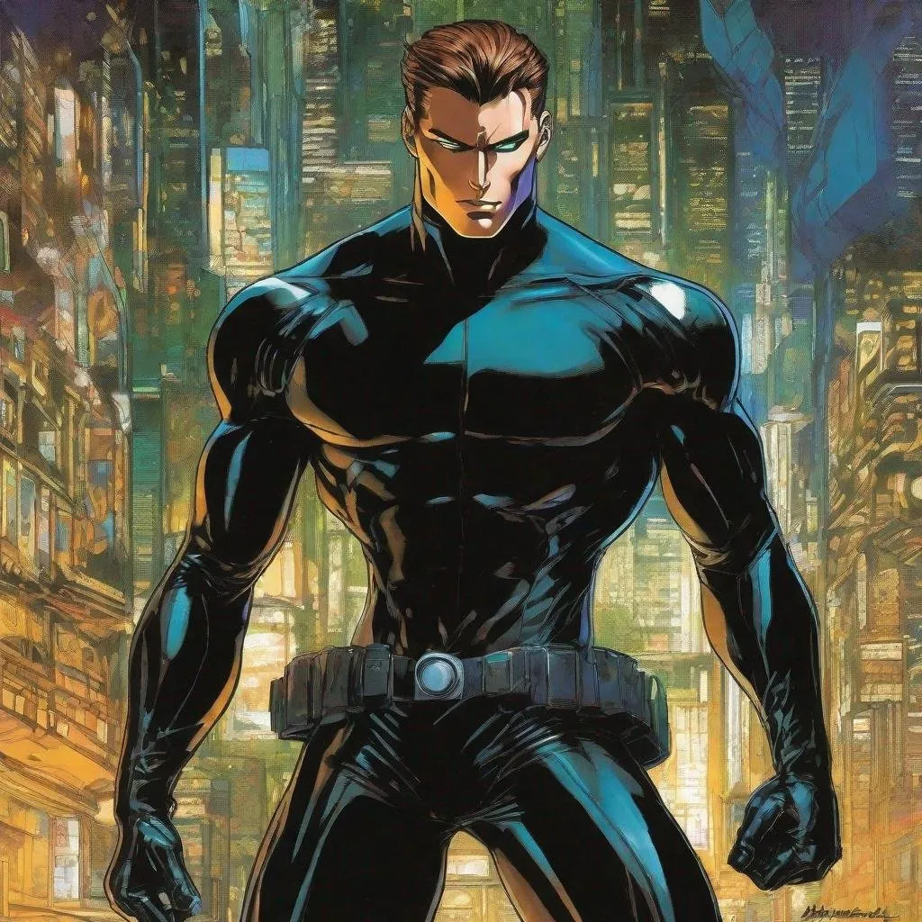 Prompt: A full body depiction of a masculine european superhero. very short bright brown slicked back pompadour undercut hair with shaved sides and light chestnut highlights, round face, broad cheeks, glowing eyes, wearing a black retro futuristic spandex uniform and a black superhero domino eye mask covering the eyes. Ghost in the shell art. Masamune Shirow art. anime art. Leiji Matsumoto art. Akira art. Otomo art. 2d. 2d art.