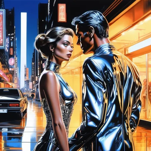 Prompt: a man gives a longing look to a beautiful woman walking past him in the style of hajime sorayama