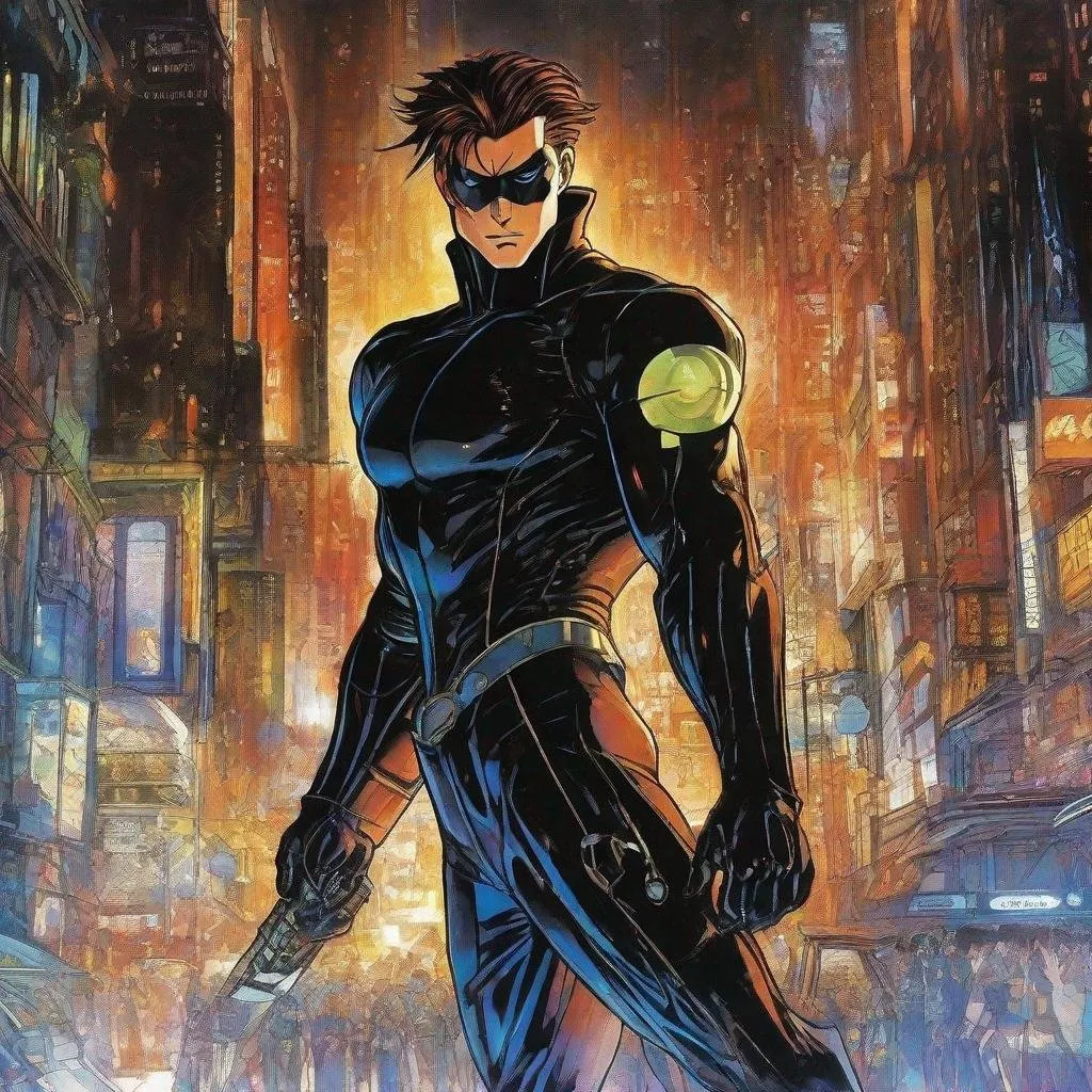 Prompt: A masculine european superhero. very short bright brown slicked back pompadour undercut hair with shaved sides and light chestnut highlights, round face, broad cheeks, glowing eyes, wearing a black retro futuristic spandex uniform and a black superhero eye mask covering. Ghost in the shell art. Masamune Shirow art. anime art. Leiji Matsumoto art. Akira art. Otomo art. 2d. 2d art.