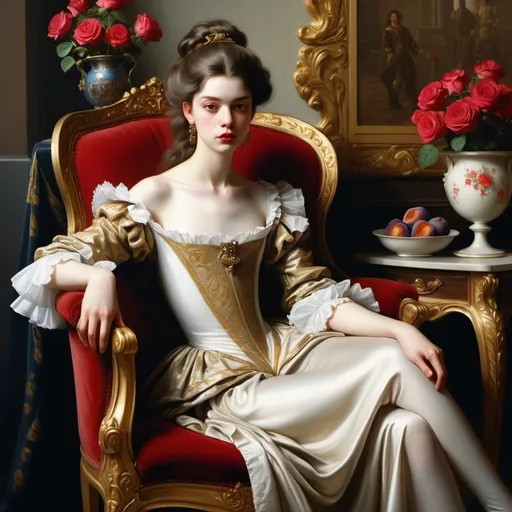 Prompt: beautiful androgynous young man Rococo-gold, gros seins, extremely Long straight brown hair, feminine body, skinny, smooth skin, narrow shoulders, wearing a woman’s dress, makeup lipstick, (high detailed) in the chair of red roses with seins of figs fruit by Jean-Léon Gérôme, from 2011 film "The three musketeers", Insanely detailed full body portrait photography of a majestic beautiful fierce, WLOP, dynamic lighting, hyperdetailed, Intricately Detailed, Photorealism, Filmic, deep color, #film, 8K resolution ethereal fantasy hyperdetailed mist Thomas Kinkade