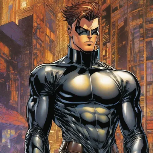 Prompt: A full body depiction of a masculine european superhero. very short bright brown slicked back pompadour undercut hair with shaved sides and light chestnut highlights, round face, broad cheeks, glowing eyes, wearing a black retro futuristic spandex uniform and a black superhero harlequin eye mask covering the eyes. Ghost in the shell art. Masamune Shirow art. anime art. Leiji Matsumoto art. Akira art. Otomo art. 2d. 2d art.