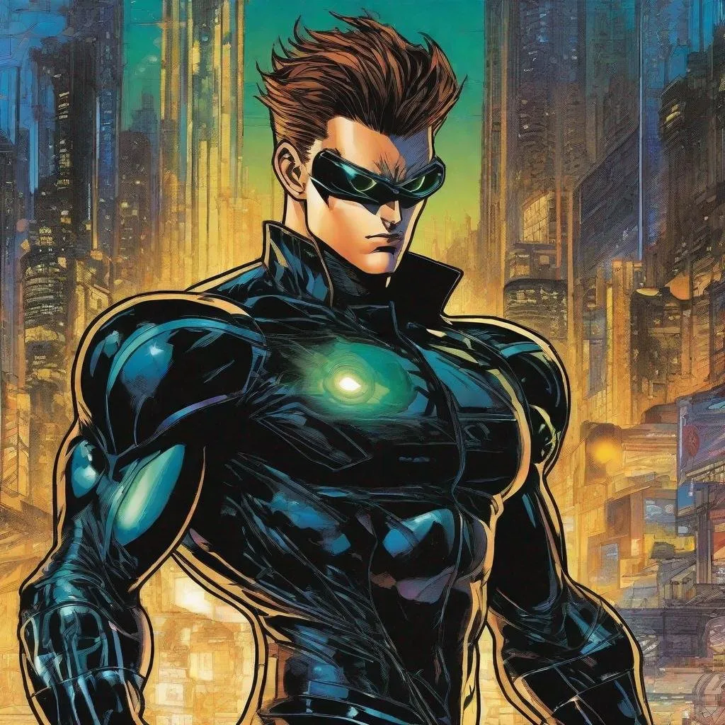 Prompt: A masculine scifi european superhero. very short bright brown slicked back pompadour undercut hair with shaved sides and light chestnut highlights, round face, broad cheeks, glowing eyes, wearing a black retro futuristic spandex uniform and a black superhero domino mask covering eyes, shooting enery beams out of his fists. Ghost in the shell art. Masamune Shirow art. anime art. Leiji Matsumoto art. Akira art. Otomo art. 2d. 2d art.