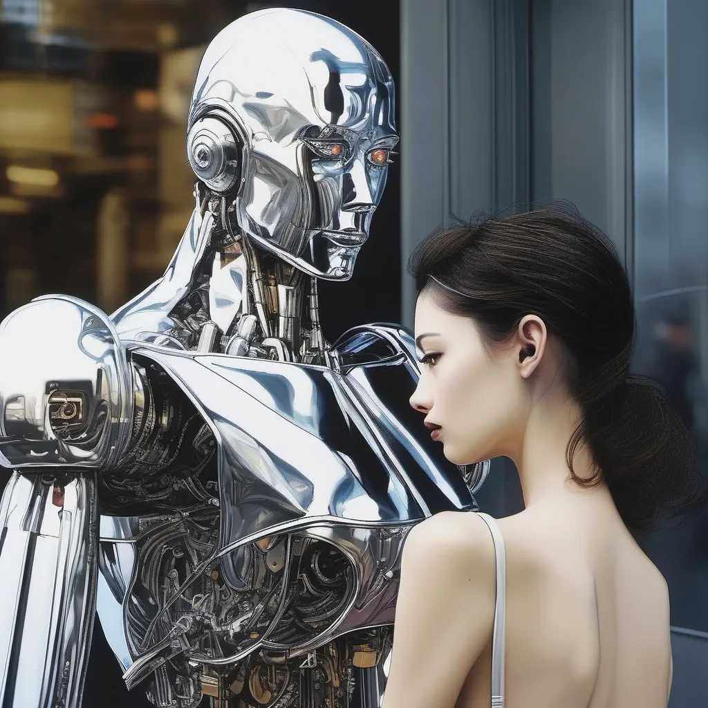 Prompt: a man gives a longing look to a beautiful female robot walking past him in the style of hajime sorayama