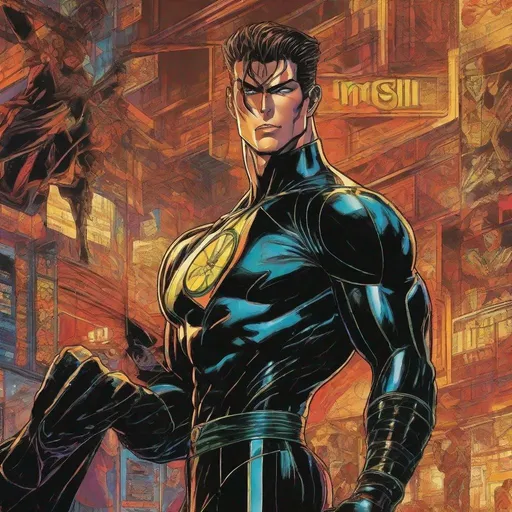 Prompt: A masculine european superhero. very short bright brown slicked back pompadour undercut hair with shaved sides and light chestnut highlights, round face, broad cheeks, glowing eyes, wearing a black retro futuristic spandex uniform and a black superhero mask covering eyes, performing karate moves. Ghost in the shell art. Masamune Shirow art. anime art. Leiji Matsumoto art. Akira art. Otomo art. 2d. 2d art.