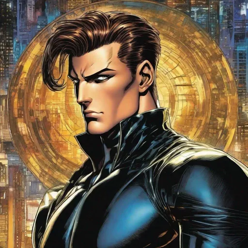 Prompt: A full body depiction of a masculine european superhero. very short bright brown slicked back pompadour undercut hair with shaved sides and light chestnut highlights, round face, broad cheeks, glowing eyes, wearing a black retro futuristic spandex uniform and a black superhero robin eye mask covering the eyes. Ghost in the shell art. Masamune Shirow art. anime art. Leiji Matsumoto art. Akira art. Otomo art. 2d. 2d art.