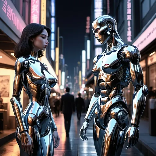 Prompt: a man gives a longing look to a beautiful female robot walking past him in the style of hajime sorayama