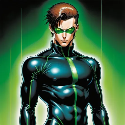 Prompt: A full body depiction of a masculine european superhero. very short bright brown slicked back pompadour undercut hair with shaved sides and light chestnut highlights, round face, broad cheeks, green glowing eyes, wearing a black retro futuristic spandex uniform and a black superhero domino eye mask covering the eyes. Ghost in the shell art. Masamune Shirow art. anime art. Leiji Matsumoto art. Akira art. Otomo art. 2d. 2d art.