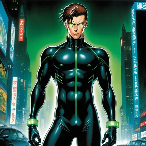 Prompt: A full body depiction of a masculine european superhero. very short bright brown slicked back pompadour undercut hair with shaved sides and light chestnut highlights, round face, broad cheeks, green glowing eyes, wearing a black retro futuristic spandex uniform and a black superhero domino eye mask covering the eyes. Ghost in the shell art. Masamune Shirow art. anime art. Leiji Matsumoto art. Akira art. Otomo art. 2d. 2d art.