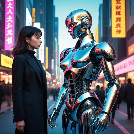 Prompt: a man gives a longing look to a beautiful female robot, walking past him in the style of hajime sorayama