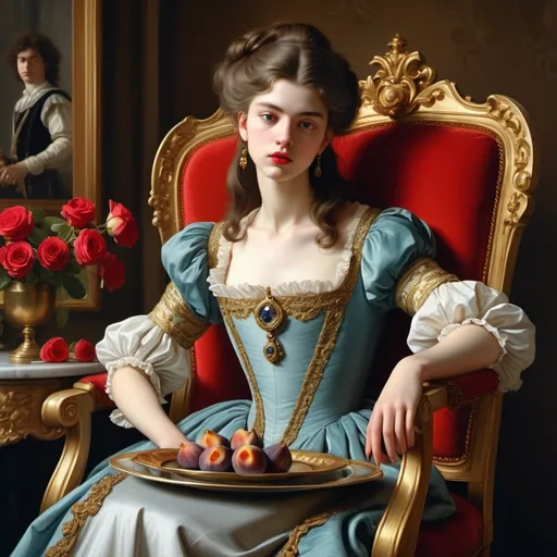 Prompt: beautiful androgynous young man Rococo-gold, gros seins, extremely Long straight brown hair, feminine body, skinny, smooth skin, narrow shoulders, wearing a woman’s dress, makeup lipstick, (high detailed) in the chair of red roses with seins of figs fruit by Jean-Léon Gérôme, from 2011 film "The three musketeers", Insanely detailed full body portrait photography of a majestic beautiful fierce, WLOP, dynamic lighting, hyperdetailed, Intricately Detailed, Photorealism, Filmic, deep color, #film, 8K resolution ethereal fantasy hyperdetailed mist Thomas Kinkade