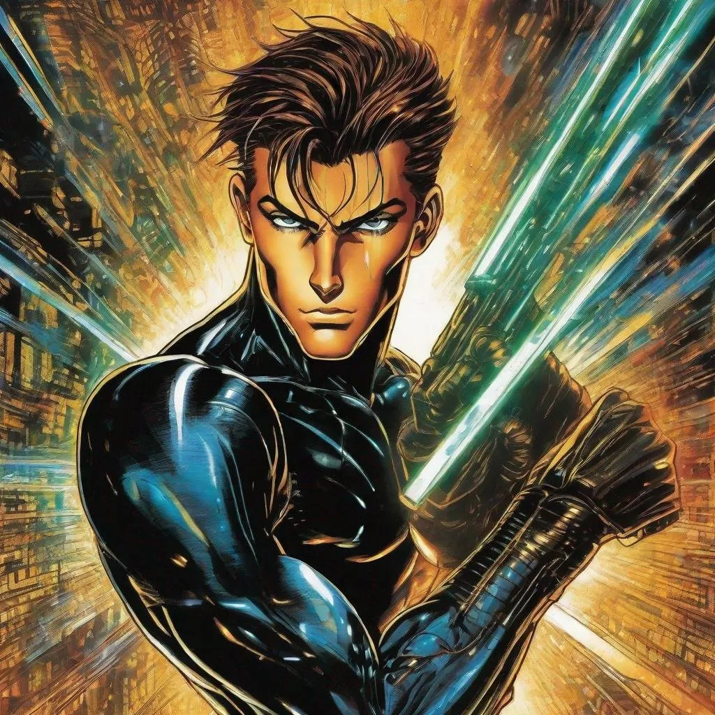 Prompt: A masculine scifi european superhero. very short bright brown slicked back pompadour undercut hair with shaved sides and light chestnut highlights, round face, broad cheeks, glowing eyes, wearing a black retro futuristic spandex uniform and a black superhero mask covering eyes, shooting enery beams out of his fists. Ghost in the shell art. Masamune Shirow art. anime art. Leiji Matsumoto art. Akira art. Otomo art. 2d. 2d art.