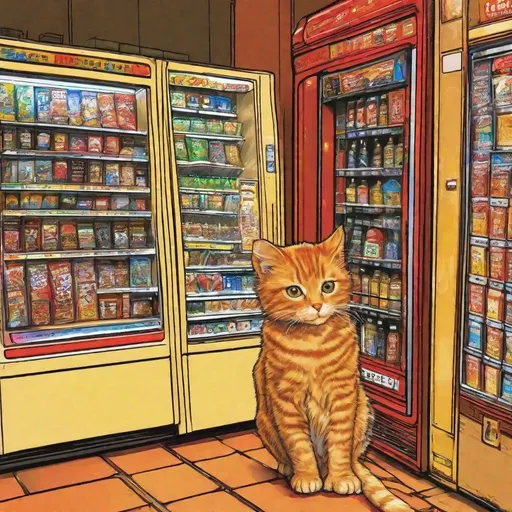 Prompt: A ginger chibi cat near a vending machine, Ghost in the shell art. Masamune Shirow art. anime art. Leiji Matsumoto art. Akira art. Otomo art. 2d. 2d art.