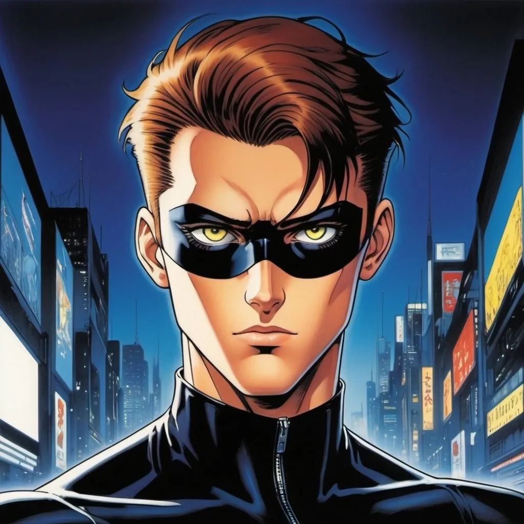 Prompt: A masculine european superhero. very short bright brown slicked back pompadour undercut hair with shaved sides and light chestnut highlights, round face, broad cheeks, glowing eyes, wearing a black retro futuristic spandex uniform and a black superhero eye mask covering. Ghost in the shell art. Masamune Shirow art. anime art. Leiji Matsumoto art. Akira art. Otomo art. 2d. 2d art.