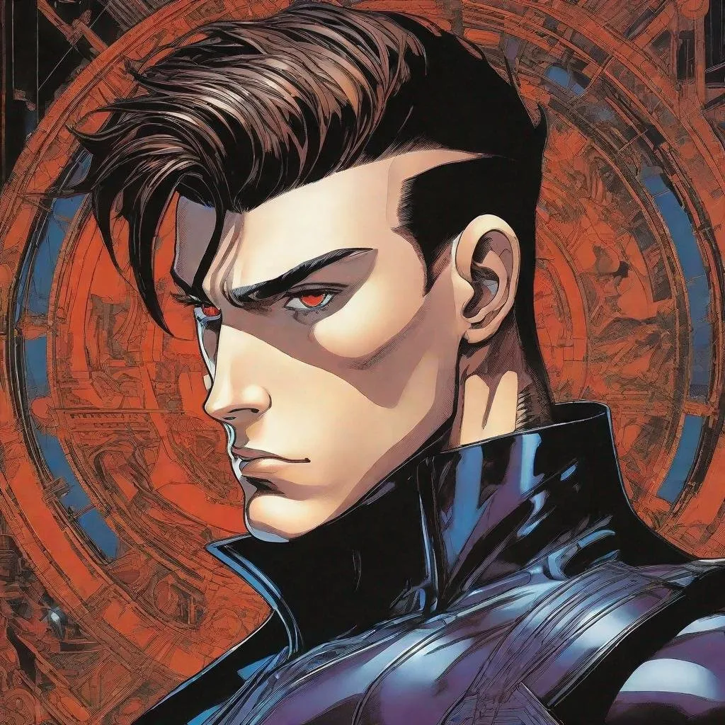 Prompt: A masculine european superhero. very short bright brown slicked back pompadour undercut hair with shaved sides and light chestnut highlights, round face, broad cheeks, glowing eyes, wearing a black retro futuristic spandex uniform and a black superhero eye mask covering. Ghost in the shell art. Masamune Shirow art. anime art. Leiji Matsumoto art. Akira art. Otomo art. 2d. 2d art.