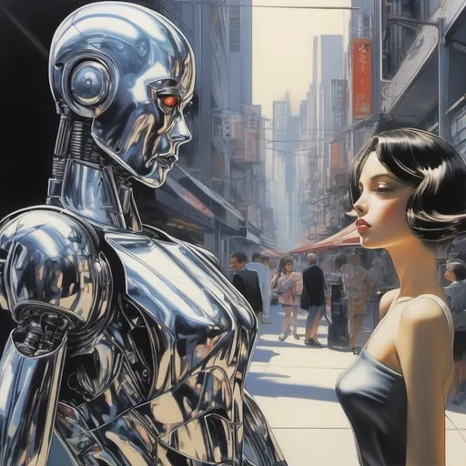 Prompt: a man gives a longing look to a beautiful female robot walking past him in the style of hajime sorayama