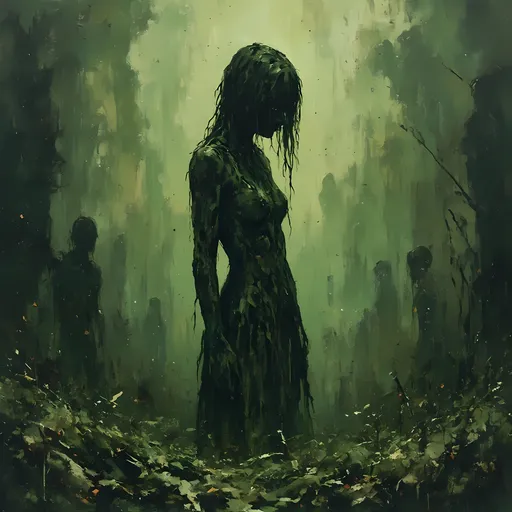 Prompt: Feminine camouflage nightmare, haunting horror atmosphere, eerie shades of muted greens and blacks, surreal and unsettling landscape, fragmented shapes and disorienting patterns, depth of field for a chilling effect, ethereal elements weaving through the scene, vivid contrasts causing emotional unease, ultra-detailed and high-definition quality, deeply evocative and imaginative elements intertwined, creating a piercing sense of dread and allure.