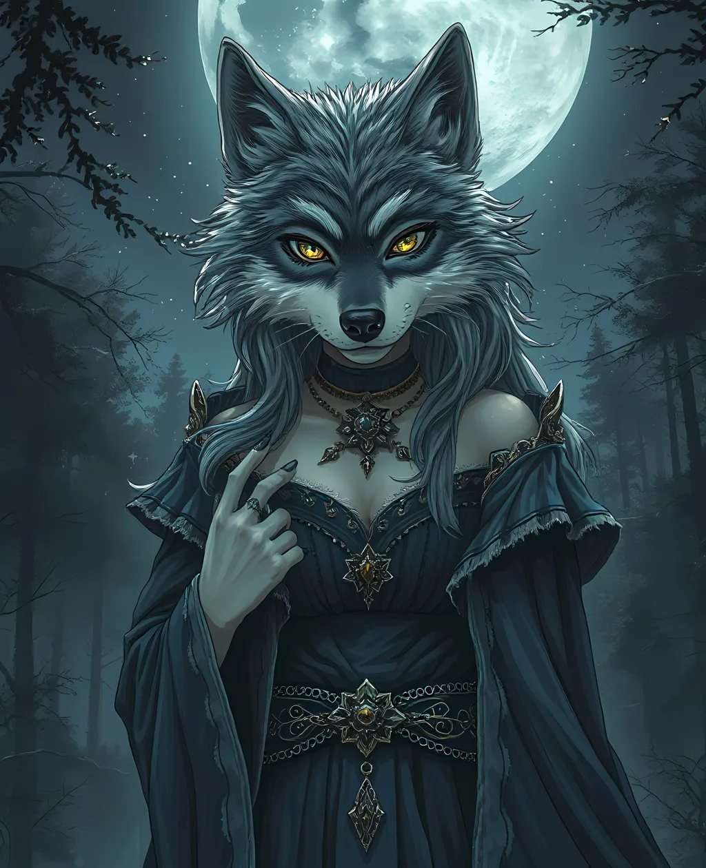 Prompt: Waifu lady werewolf, poised in a captivating stance, expressive eyes glowing with a mystical allure, fur textured in deep silvery moonlight tones, intricate outfit blending elegance and wildness, lush forest backdrop under a starry night sky, eerie yet enchanting ambiance, high-quality illustration, cinematic depth, featuring striking contrast between human elegance and wolfish wildness.
