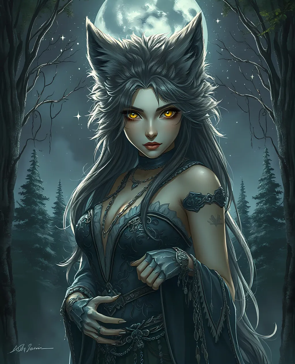 Prompt: Waifu lady werewolf, poised in a captivating stance, expressive eyes glowing with a mystical allure, fur textured in deep silvery moonlight tones, intricate outfit blending elegance and wildness, lush forest backdrop under a starry night sky, eerie yet enchanting ambiance, high-quality illustration, cinematic depth, featuring striking contrast between human elegance and wolfish wildness.