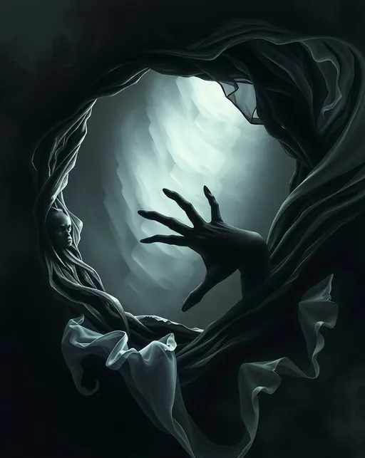 Prompt: Soul stealing loophole, abstract art piece, dark and intriguing, featuring swirling shadows and ethereal forms, metaphorical representation of death's grasp, thematic undertones of femininity, moody color palette with deep blacks and smoky grays contrasted by ghostly whites, dramatic lighting casting mysterious patterns, evoking an atmosphere of suspense and intrigue, ultra-detailed, high-quality composition.