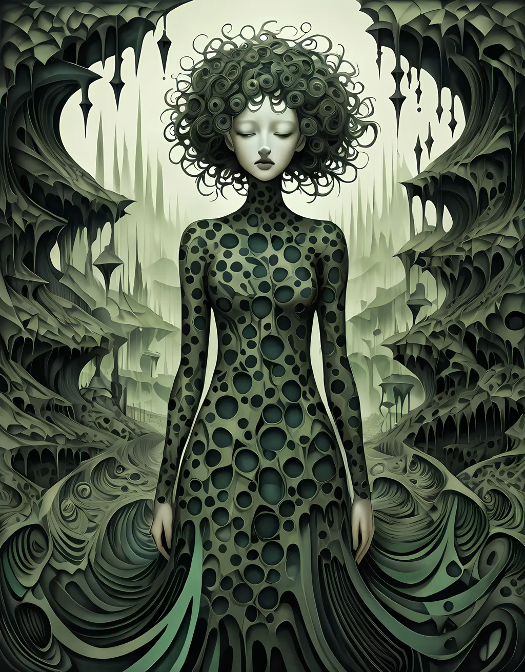 Prompt: A feminine camouflage nightmare: A surreal, haunting landscape of muted greens and blacks. Fragmented shapes and disorienting patterns create depth, evoking chills. Ethereal elements weave through, causing vivid contrasts that ignite emotional unease. Ultra-detailed, high-definition quality enhances the deeply evocative and imaginative elements, intertwining to create a piercing sense of dread and allure.