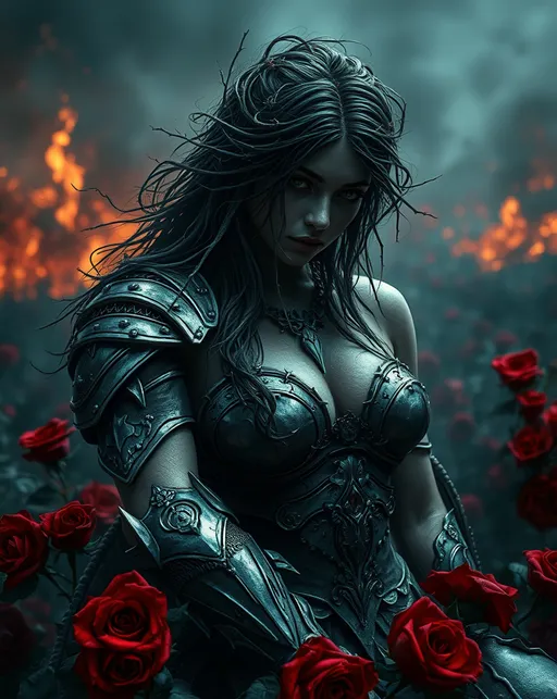 Prompt: Aphrodite the Lovelorn Warrior, horror art, dark and dramatic atmosphere, ethereal beauty entwined with sorrow, deep shadows contrasting against eerie light, intricate armor with thorny embellishments, haunting facial expression conveying longing and despair, blood-red roses scattered amidst a battlefield scene, evocative blend of love and horror, rich colors capturing the intensity of emotions, high detail, ultra-detailed composition, 4K quality.