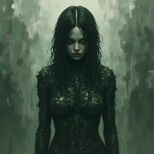 Prompt: Feminine camouflage nightmare, haunting horror atmosphere, eerie shades of muted greens and blacks, surreal and unsettling landscape, fragmented shapes and disorienting patterns, depth of field for a chilling effect, ethereal elements weaving through the scene, vivid contrasts causing emotional unease, ultra-detailed and high-definition quality, deeply evocative and imaginative elements intertwined, creating a piercing sense of dread and allure.