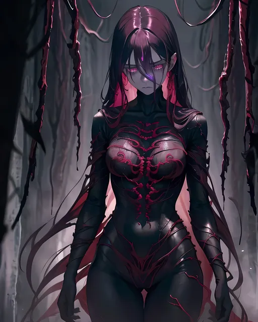 Prompt: A lone woman in a subdued landscape, gaunt-faced with hollow eyes, stands defiantly, wearing dark purple, vibrant red tendrils encroaching upon her, despite her pallor and wan appearance, fiercely resisting, symbolizing humanity's unyielding spirit. The scene is set with dramatic lighting casting shadows, creating a melancholic atmosphere. The image is in HD, ultra-detailed, with emotional depth that is artistically expressive, capturing the woman's resolute stance against the encroaching tendrils. This full-body portrait of the woman, known as Prophet 9712, exudes a sense of inner strength and unwavering determination in the face of adversity.