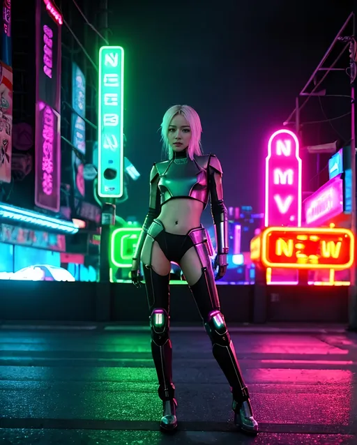 Prompt: Realistic droid bounty hunter, feminine titanium casing gleaming under vibrant neon lights, set against a Phildickian dystopia, ultra-detailed background filled with surreal sci-fi elements, capturing an intense, suspenseful atmosphere, hunting down an alien fugitive, high energy vibe, cyberpunk aesthetics, long shadows, and contrast of colors, 4K ultra-detailed quality.