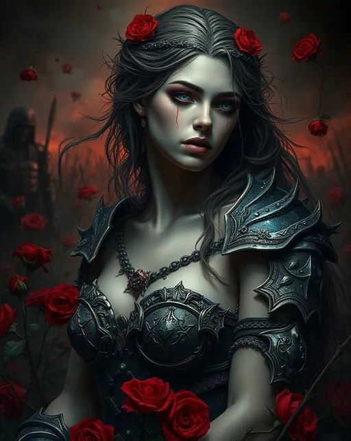 Prompt: Aphrodite the Lovelorn Warrior, horror art, dark and dramatic atmosphere, ethereal beauty entwined with sorrow, deep shadows contrasting against eerie light, intricate armor with thorny embellishments, haunting facial expression conveying longing and despair, blood-red roses scattered amidst a battlefield scene, evocative blend of love and horror, rich colors capturing the intensity of emotions, high detail, ultra-detailed composition, 4K quality.