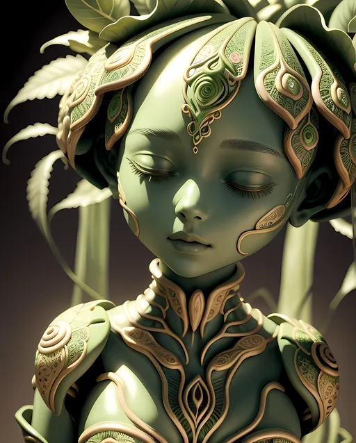 Prompt: A humanoid female pot bud, adorned with intricate floral patterns, with vibrant green leaves weaving through soft skin tones. Subtle glowing effects accentuate the delicate expressions of nature, creating a whimsical and surreal ambiance. The artwork is ultra-detailed and in 4K quality, showcasing the harmony between human and plant life. Set in an inviting and tranquil environment, the scene conveys environmental beauty at its finest.