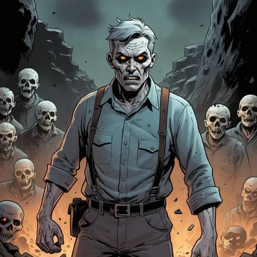 Prompt: A comic book character who is a man possessed by the ghosts of 30 dead miners out for revenge against the evil corporation that caused their deaths
