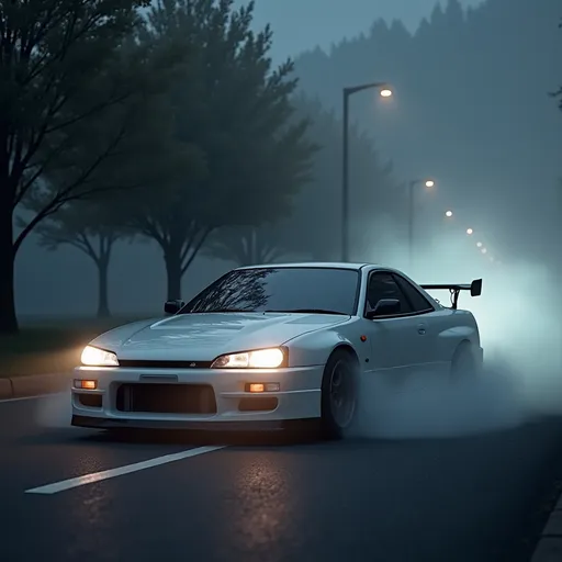 Prompt: a white car is parked on the street in the dark with fog coming from the trees behind it and a fog coming from the front of the car, Ai-Mitsu, lowbrow, clean lines, a 3D render