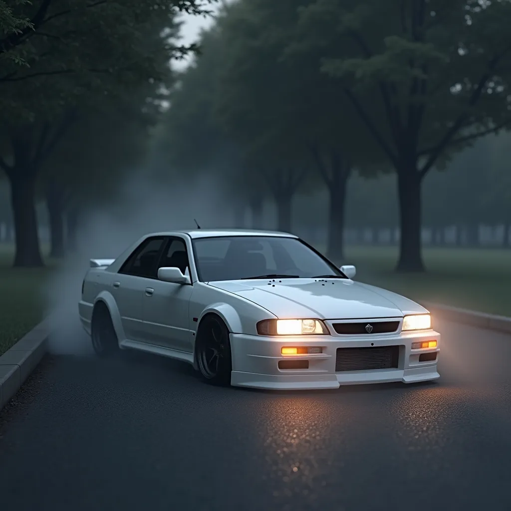 Prompt: a white car is parked on the street in the dark with fog coming from the trees behind it and a fog coming from the front of the car, Ai-Mitsu, lowbrow, clean lines, a 3D render