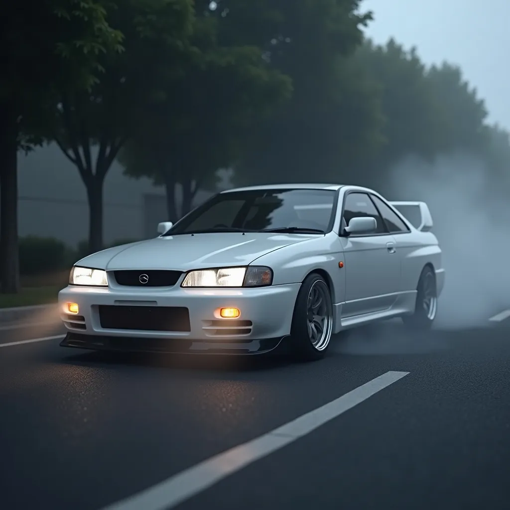 Prompt: a white car is parked on the street in the dark with fog coming from the trees behind it and a fog coming from the front of the car, Ai-Mitsu, lowbrow, clean lines, a 3D render