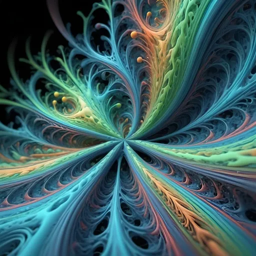 Prompt: Vivid 3d vision of colors that swirl into each other and create psychedelic universe forms, pastel, colors blue, light blue, fractal, green, visual effect. lava inspired. neuron net inspired.