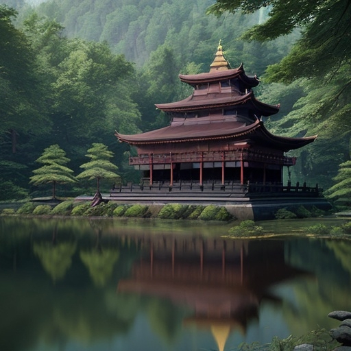 Prompt: a mysterious forest next to a lake, high quality, unreal engine Buddhist temples and sacred places