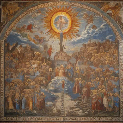 Prompt: Early Christian mosaic art of heaven and hell side by side, Eastern Christian imagery, intricate mosaic details, divine light piercing through darkness, high contrast, vibrant colors, rich textures, heavenly glow, detailed mosaic patterns, religious symbolism, ancient art style, dramatic lighting, intricate details, high quality, mosaic art, religious, heavenly glow, dramatic contrast, rich textures, intricate patterns, ancient art style